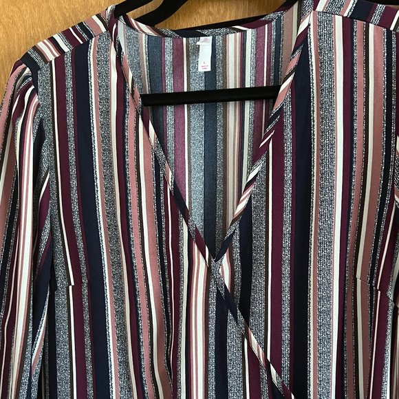 Womens Dress Juniors Large Wrap Mini Striped Long Sleeve V-Neck Navy Berry Teens - Picture 5 of 7